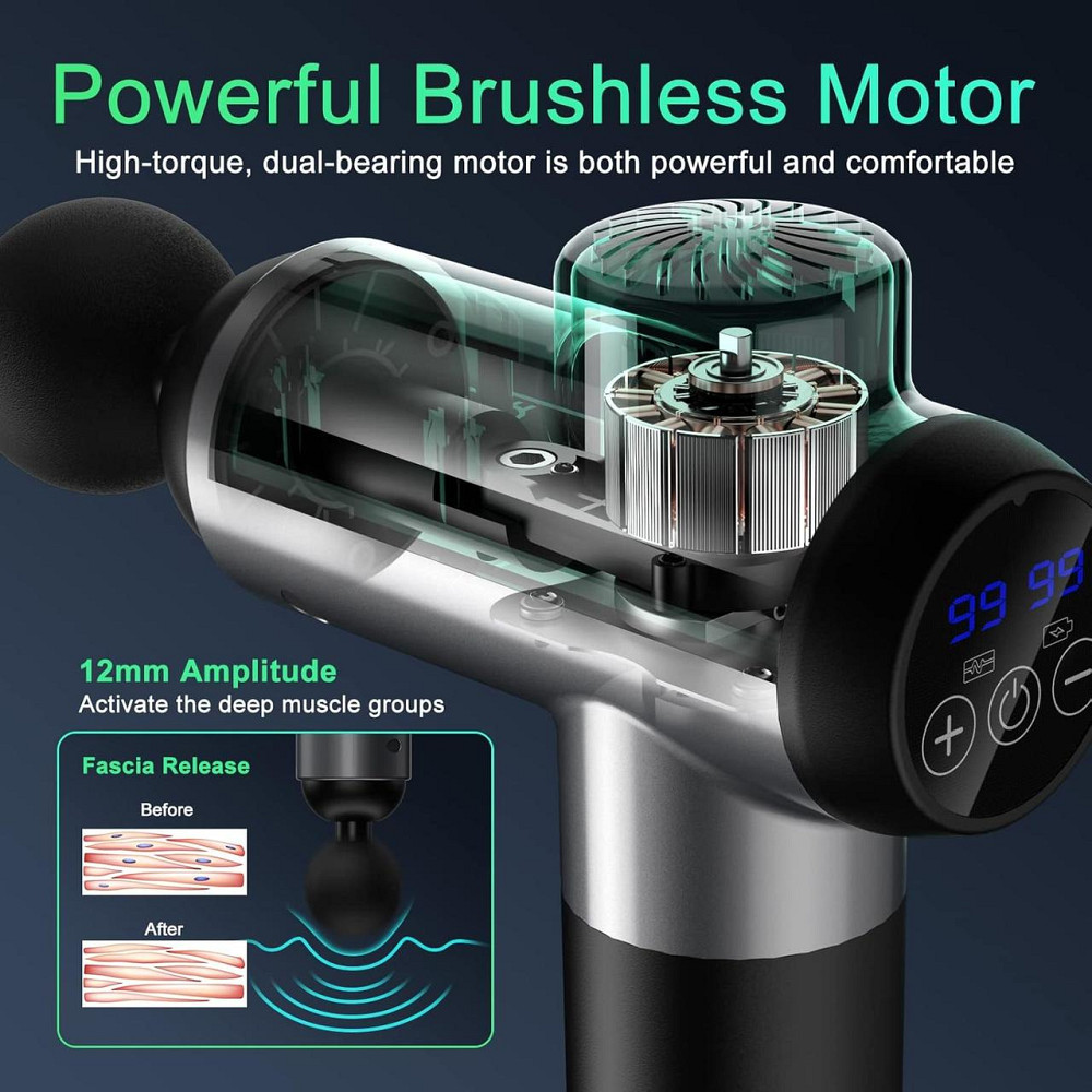 Перкуссионный ручной массажер Massage Gun BDBKMG, мышечный массажный пистолет, 99 режимов, 6 насадок, Черный Киев - изображение 6