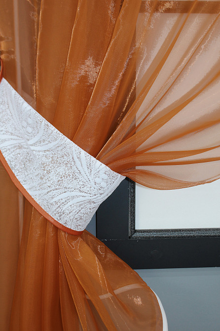 Кухонні штори VR-Textil № 091к з ламбрекеном і підв'язками теракотовий з білим 270х170 см (52-0802) Київ - фото 3