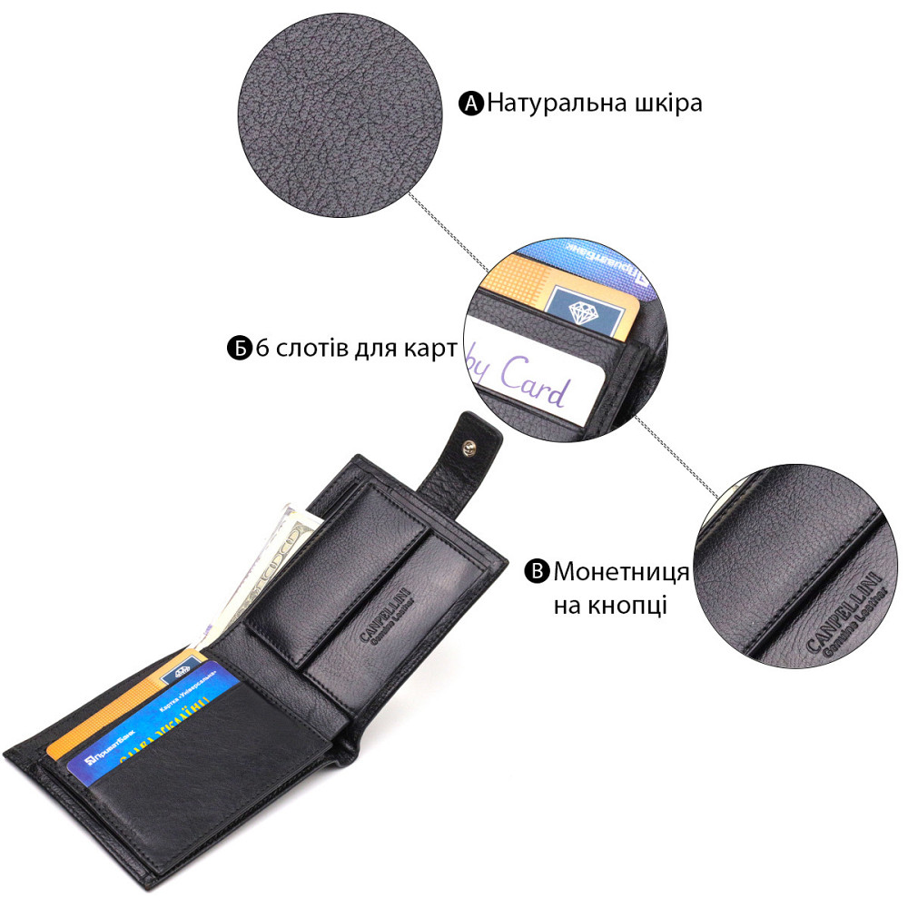 Практичный кошелек для мужчин горизонтального формата из натуральной гладкой кожи CANPELLINI 21772 Черный Киев - изображение 7