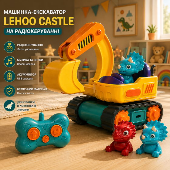 Машинка-экскаватор на радиоуправлении Lehoo Castle для малышей от 18 мес., аккумулятор, музыка, динозавры Киев