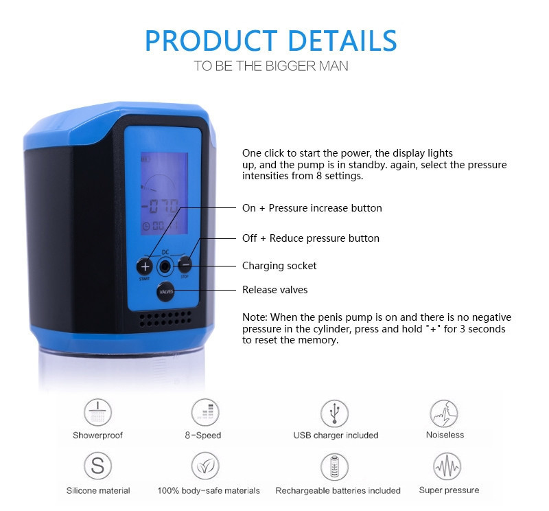 Автоматична вакуумна помпа із зарядкою від USB та LCD дисплеєм CANWIN Passion Pump Men Blue - P648AU Sex Aura Київ - фото 7