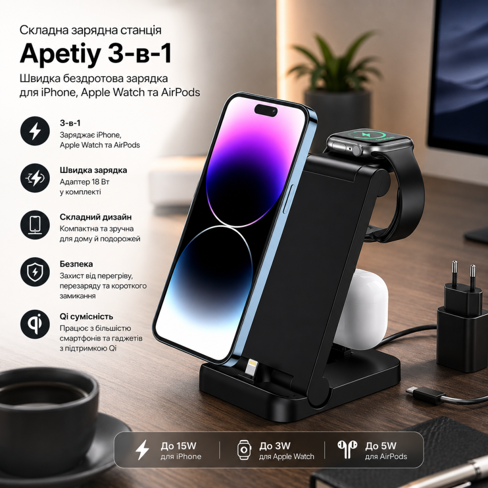 Складная зарядная станция Apetiy 3-в-1 для iPhone, Apple Watch и AirPods: быстрая беспроводная зарядка с адаптером 18 Вт, черная Киев - изображение 8