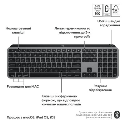 Клавиатура Logitech MX Keys S для MAC Bluetooth/Wireless UA Space Grey (920-011637) Винница - изображение 7