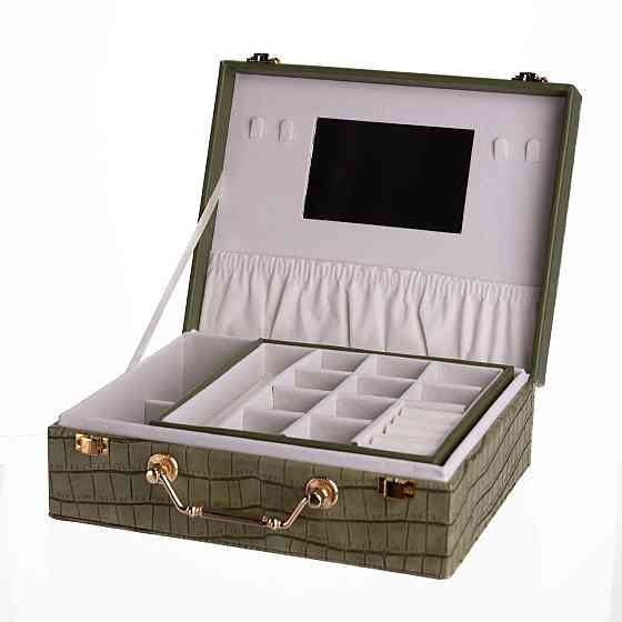Скринька для прикрас з еко шкіри 19 відділень з дзеркалом 23.5×14×8 см Зелений HP-5-20GR Київ