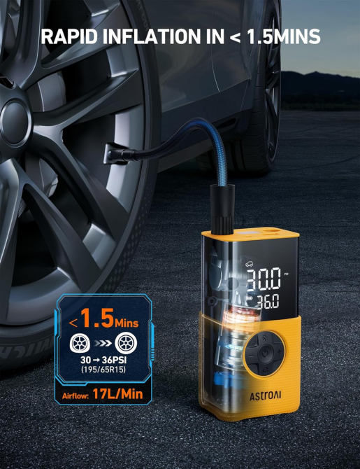 Портативный компрессор AstroAI L7S 150 PSI, 4000 мАч, цифровой манометр, автостоп, LED, 5 режимов, желтый Киев - изображение 5