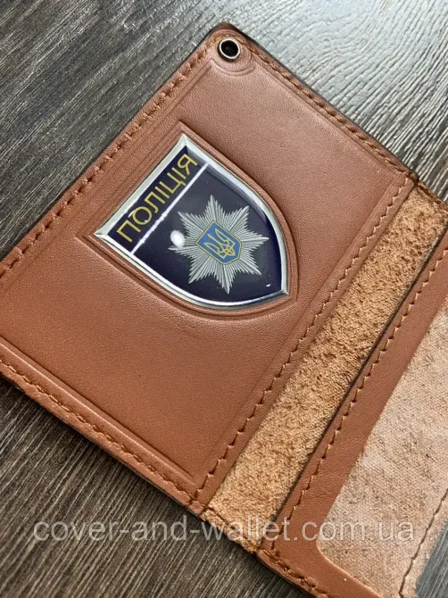 Шкіряна обкладинка на посвідчення НПУ (Національна поліція України)  з шевроном Київ - фото 1