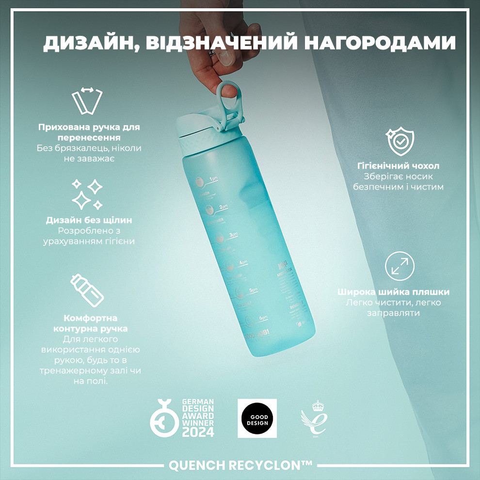 Пляшка для води ION8 1000 мл. BPA Free, Times To Drink, (ЕКО пляшка) BPA Free, Sonic Blue Каменское - изображение 4