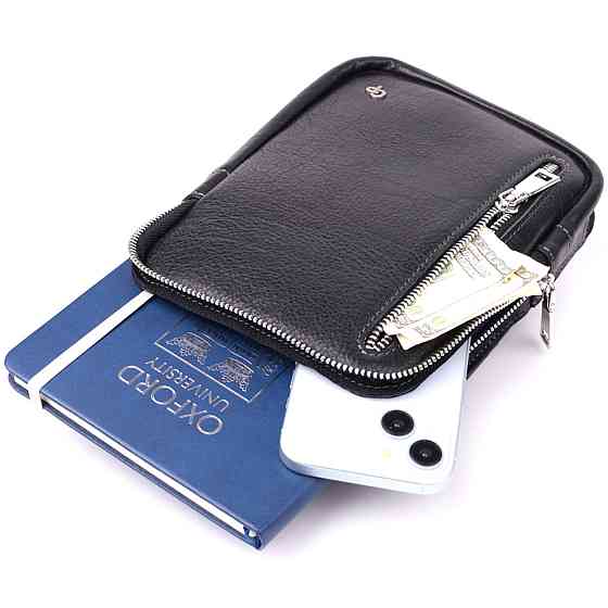 Мужская прямоугольная сумка бананка из зернистой натуральной кожи GRANDE PELLE 22879 Черный Киев