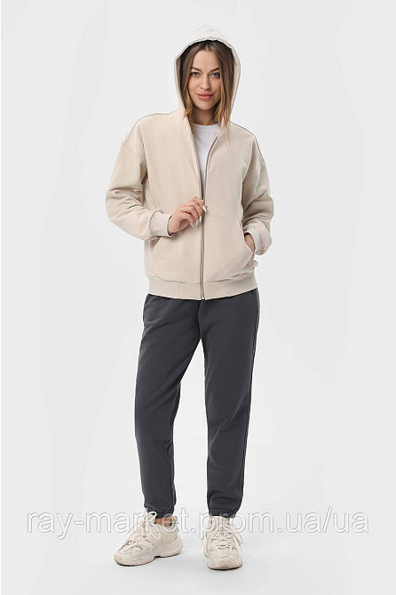 Костюм женский худи на молнии бежевый и брюки темно-серые RAY PREMIUM LOOSE U0809 (U0809W-Cream-Dark Grey) XL Киев - изображение 3
