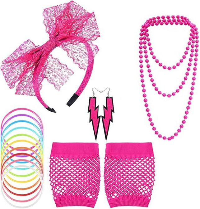 Набор розовых аксессуаров в стиле 80-х обруч серьги ожерелье браслеты, комплект для ретро образа на Хэллоуин Киев - изображение 1
