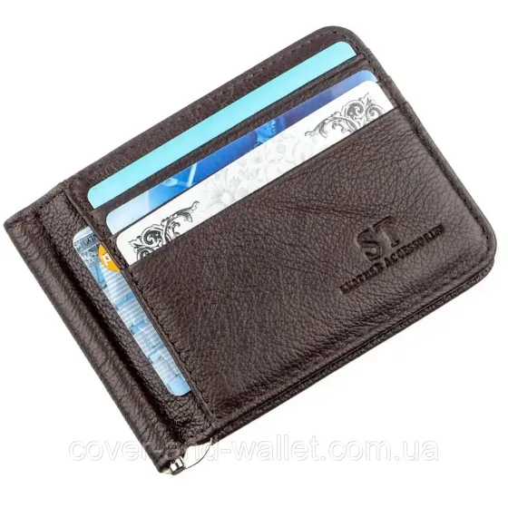 Кожаный зажим для купюр и карточек коричневого цвета ST Leather 452 Coffee Киев