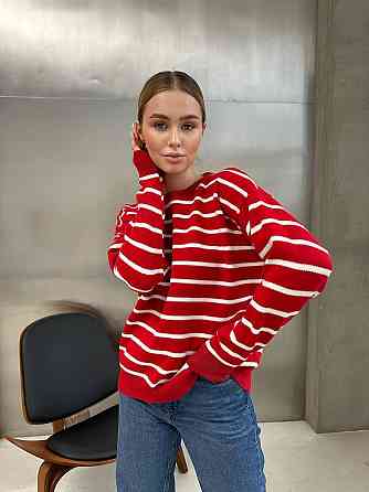 Жіночий базовий смугастий светр оверсайз вовна 70% акрил 30% Червоний Одеса