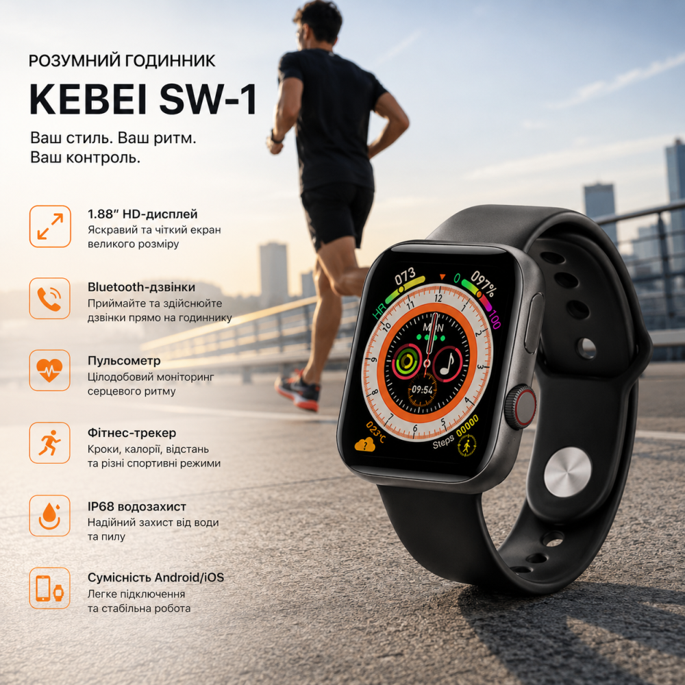 Розумний годинник Kebei SW-1: 1.88" HD-дисплей, Bluetooth-дзвінки, пульсометр, IP68, фітнес-трекер для Android/iOS Київ - фото 8