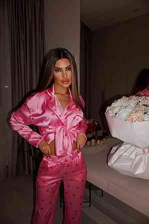 Женская пижама двойка с сердечками из шелка армани. Малиновый, 44/46 Одесса