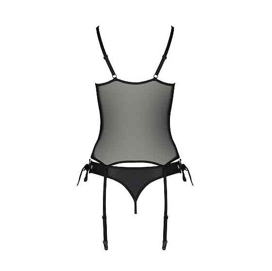 Корсет зі шнурівкою Passion NESSY CORSET S/M black, стрінги з відкритим доступом, пажі для панчіх Sex Aura Київ