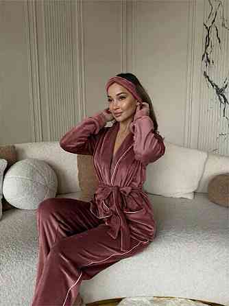 Жіноча затишна піжама: халат-кімоно, штани + пов'язка на голову велюр Какао, 46/48 Одеса