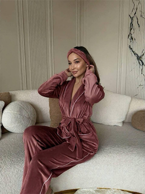 Жіноча затишна піжама: халат-кімоно, штани + пов'язка на голову велюр Какао, 46/48 Одеса - фото 5