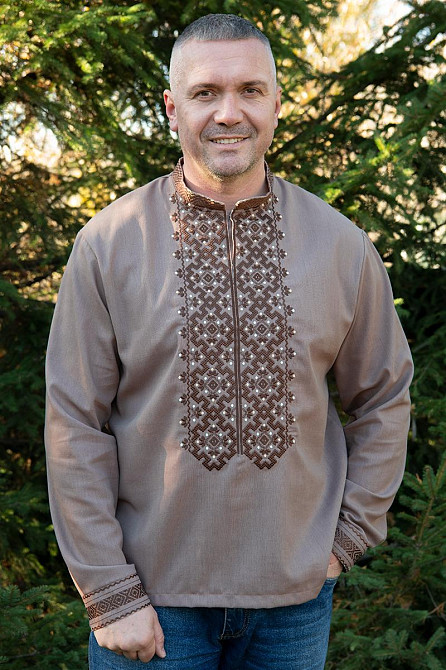 Вышиванка льняная мужская, длинный рукав, кофейная,( лен ) топ 46 Киев - изображение 1