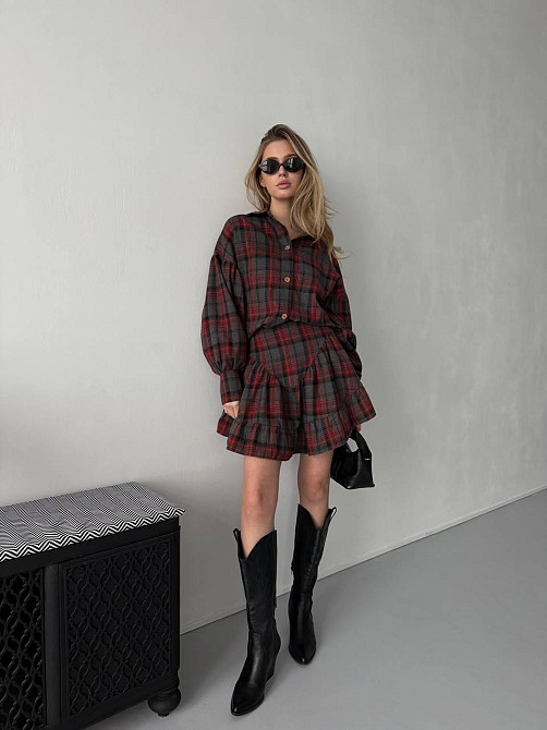 Жіночий стильний костюм-двійка: сорочка та спідниця в карту тіар Графіт, 42/44 Одеса - фото 7