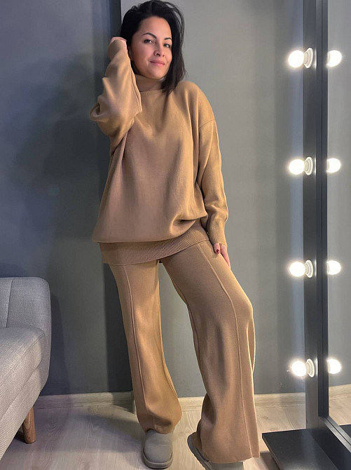 Костюм женский My fashion 202401-101 брюки со стрелкой шнурок и удлиненный свитер оверсайз one size, карамель, one size Киев - изображение 1