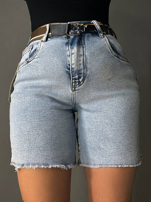 Шорти жіночі джинсові Vindasion 4087 середньої довжини з розрізами та ременем блакитні, блакитний, 2 Одеса - фото 3