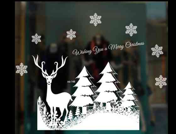 Новорічні наклейки сніжинки та олень - розмір стікера 50*70см, силікон Київ