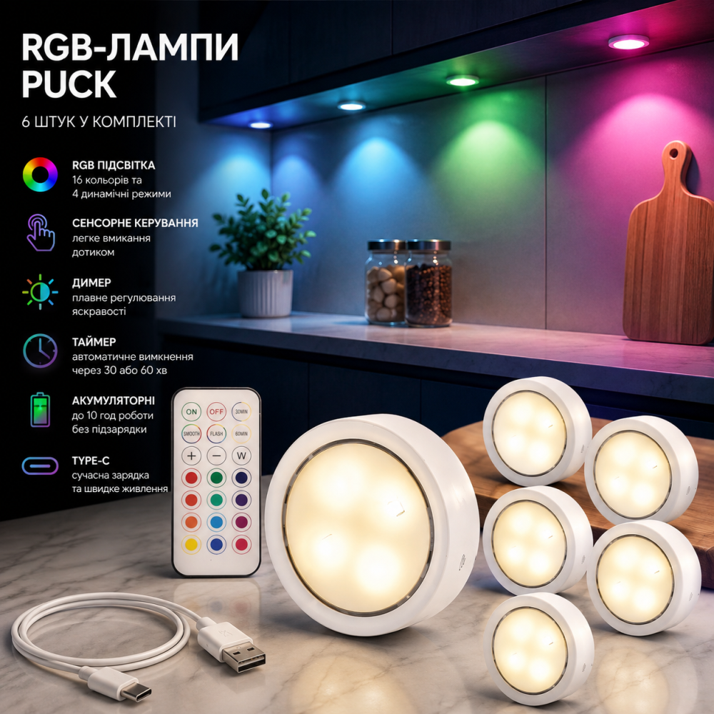 Акумуляторні RGB-лампи Puck 6 шт. з пультом та сенсорним керуванням, Type-C, димер, таймер, підсвітка шафи Київ - фото 1