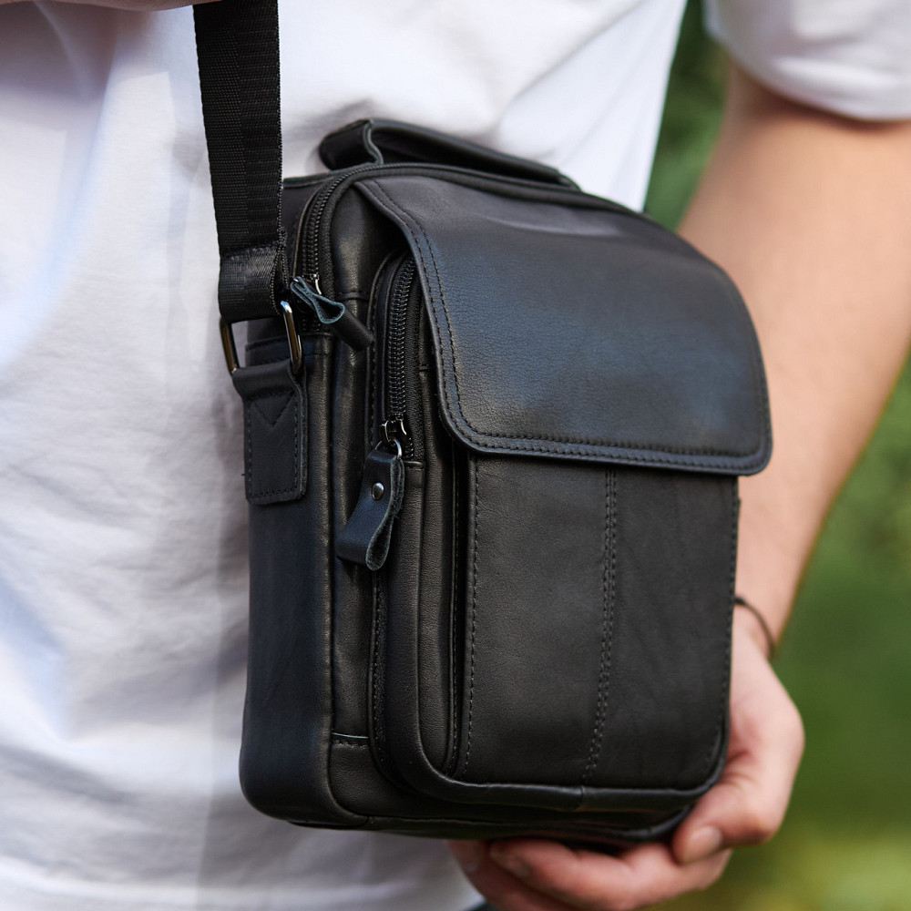 Чорна шкіряна чоловіча сумка-барсетка через плече Київ - фото 2