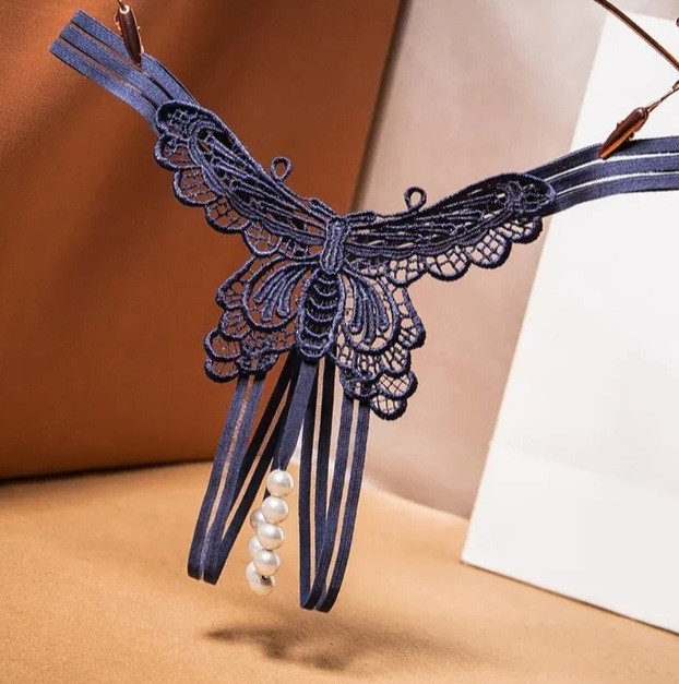 Сексуальні стрінги з метеликом та намистинками універсальний синій Київ - фото 1