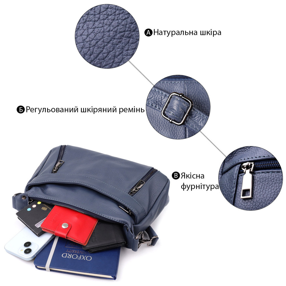 Зручна жіноча сумка з натуральної шкіри Vintage 23019 Синій Київ - фото 4