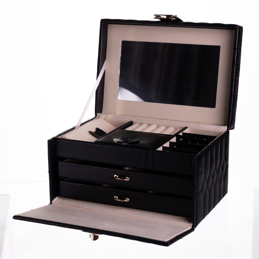 Скринька для прикрас з еко шкіри 3 яруси з дзеркалом органайзер для ювелірних виробів Чорний Yiwu HP-5-17B Коломыя - изображение 4