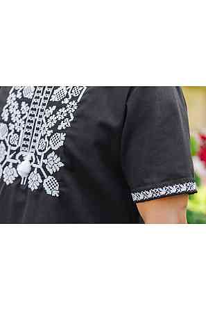 Вышиванка льняная, мужская, чёрная с коротким рукавом, весенняя летняя Киев