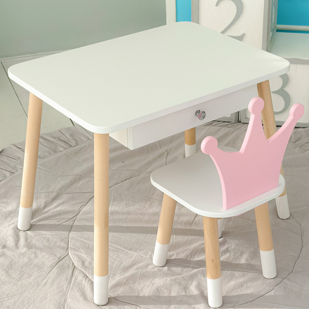 Детский столик белый и стульчик корона бело- розовый. Столик с ящиком для карандашей и разукрашек 56787 Каменское - изображение 3