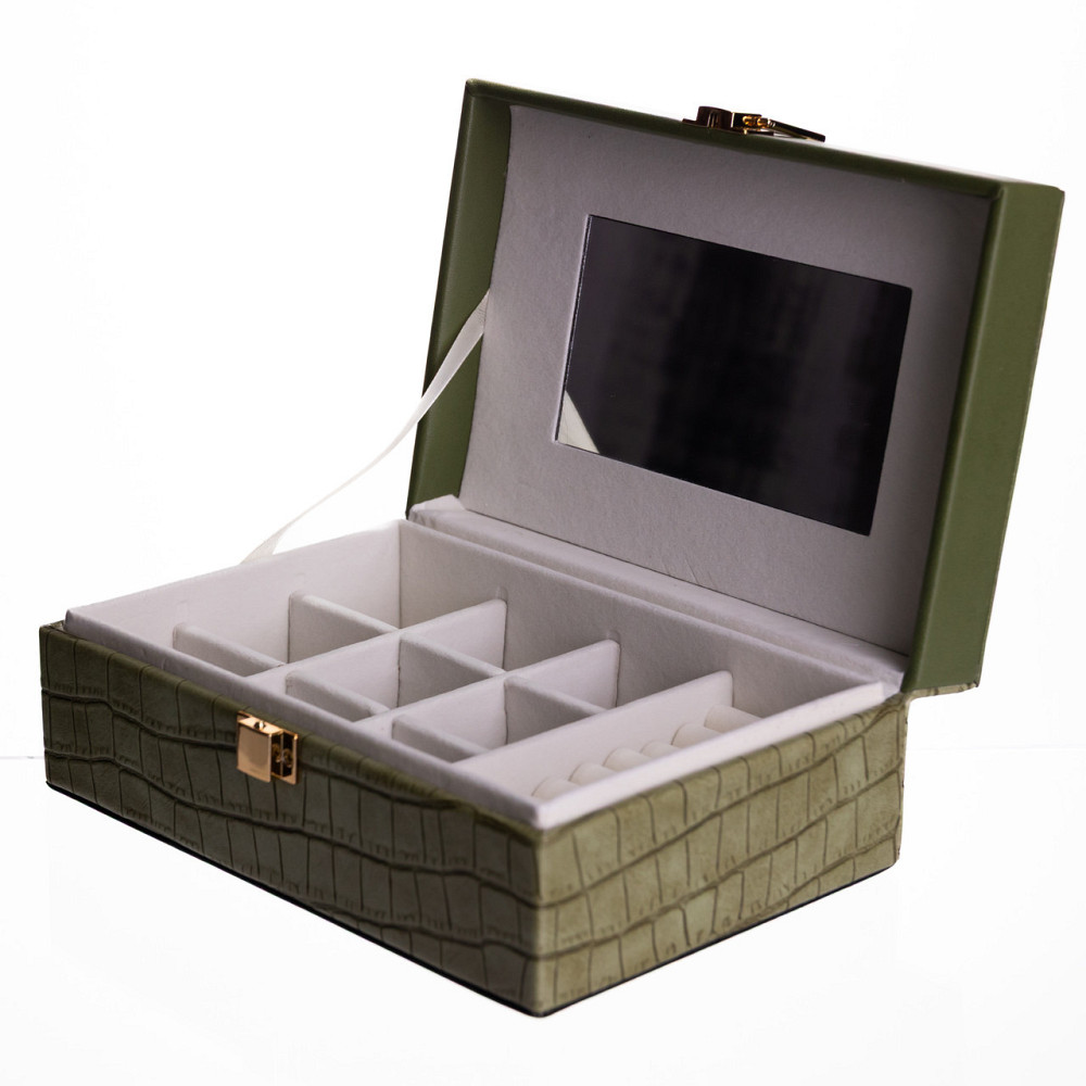 Скринька для прикрас з еко шкіри 10 відділень з дзеркалом 20×14×8 см Зелений HP-5-19GR Київ - фото 2