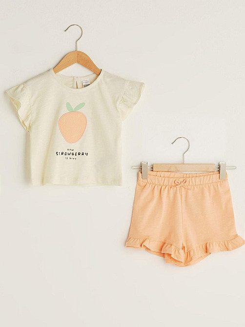 Дитячий Костюм Футболка (Беж) з Полуничкою та Шорти(Персикові) для Дівчинки LC Waikiki 12-18міс (80-86см) Київ - фото 1
