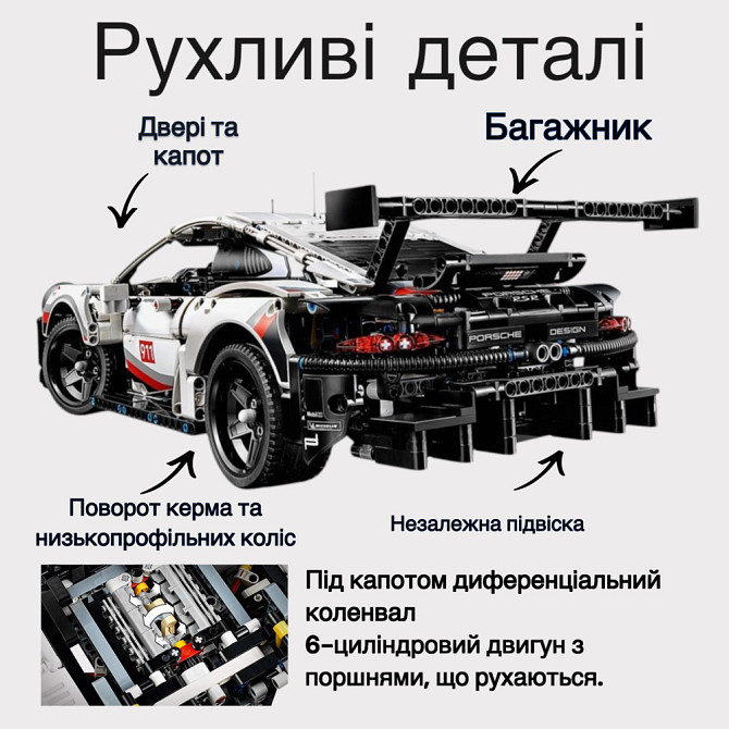Конструктор Technic PORSCHE 911 RSR 1580 деталей сумісний із lego-лего Запоріжжя - фото 4