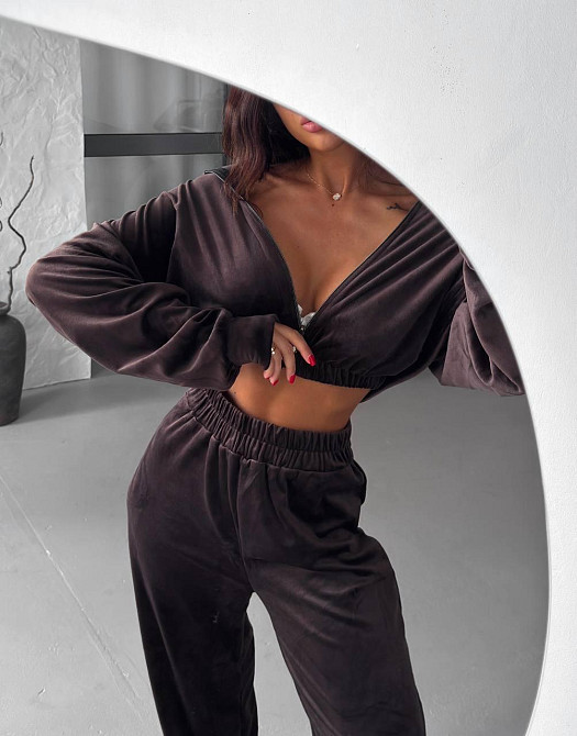 Женский плюшевый прогулочный костюм двойка: кофта и штаны турецкий велюр Шоколадный, 42/44 Одесса - изображение 3
