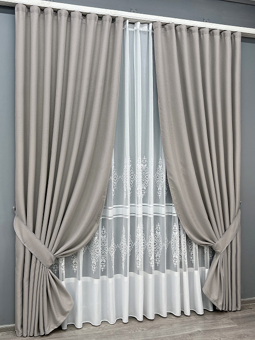 Комплект штор VR-Textil Лен Мешковина 200х270 2шт и Тюль 500х270 867ш-1703т Светло-серый с белым 71-180/6 Киев - изображение 2