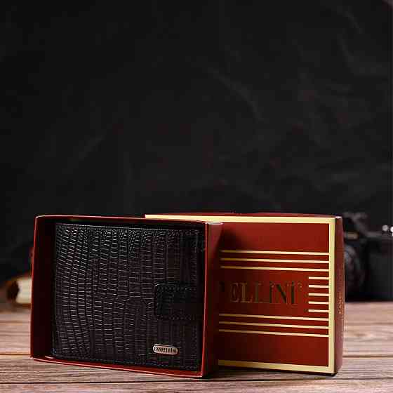 Оригінальний фактурний гаманець горизонтального формату з натуральної шкіри з тисненням Чорний (CANPELLINI) Київ