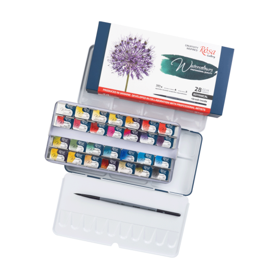 Набір акварельних фарб з пензлем BOTANICAL 28×2,5мл кювета Індіго металевий пенал ROSA Gallery Київ