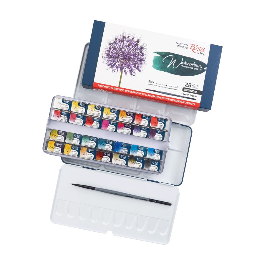 Набір акварельних фарб з пензлем BOTANICAL 28×2,5мл кювета Індіго металевий пенал ROSA Gallery Київ - фото 3