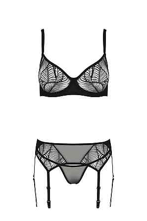 Комплект Passion LEAFA SET black, XXL/XXXL, мереживо+сітка, бюстгальтер на кісточках, стрінги, пояс для панчіх Sex Aura Київ