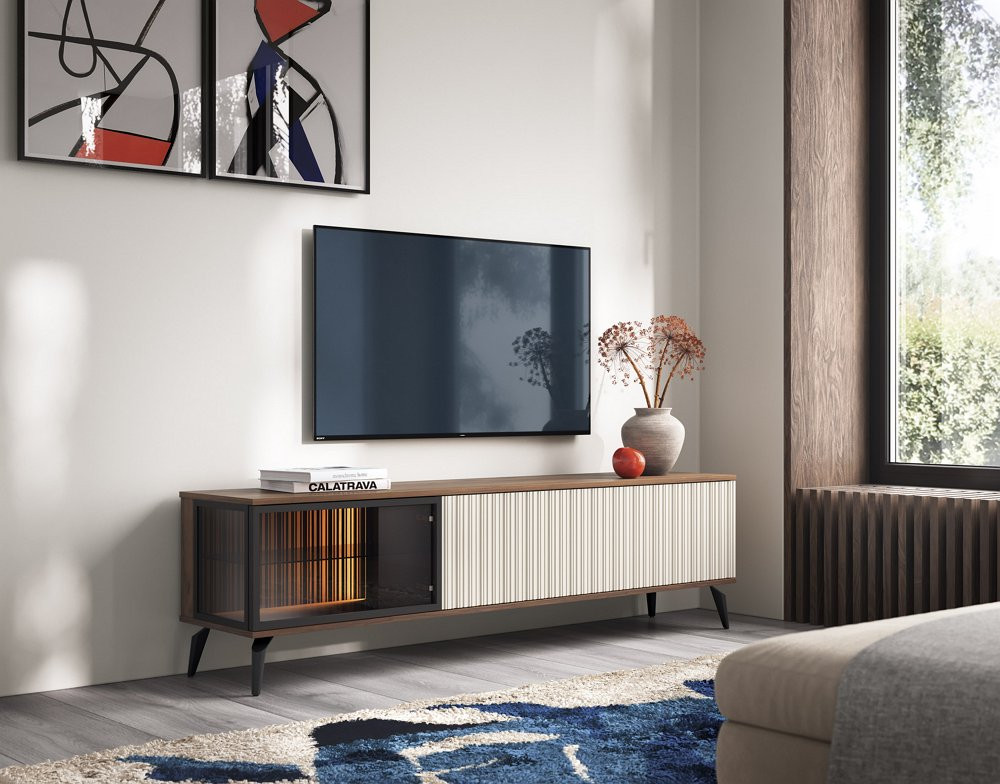Тумба під ТВ з підсвіткою Вічі / Vici RTV180 3-дверна Горіх/кашемір Perfect Home Польща (PFH-091295) Дніпро - фото 1