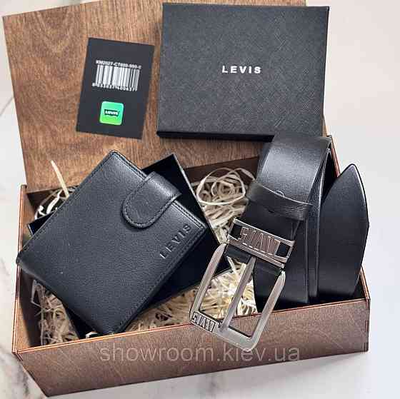 Мужской подарочный набор ремень и портмоне в деревянной коробке Levis (518) Киев