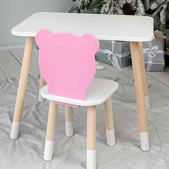 Стіл прямокутний 46х60х45 і стілець медвежа 26х26х24, столик та стільчик в дитячу, білий з рожевим Київ
