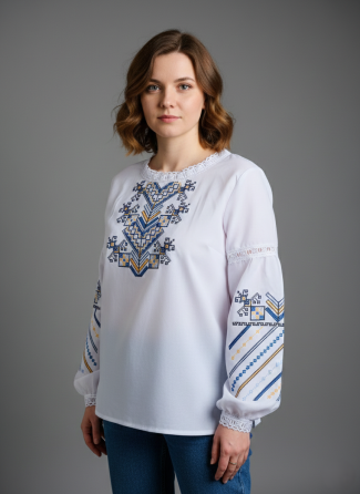 Женская вышиванка на домотканном холсте Дерево жизни сине-желтый орнамент Киев