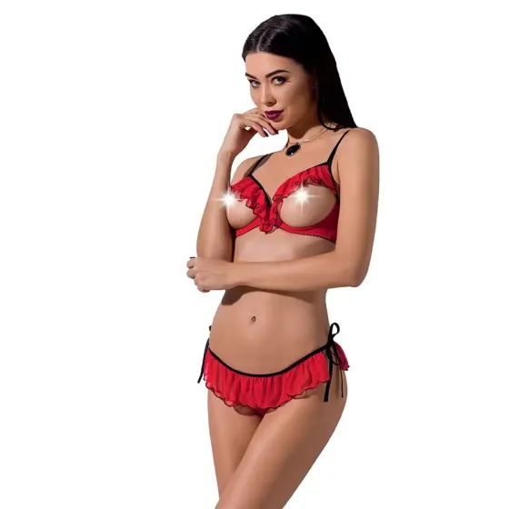 Комплект білизни Passion Exclusive CHERRY SET OpenBra XXL/XXXL red, відкритий ліф, трусики-спідничка Львов