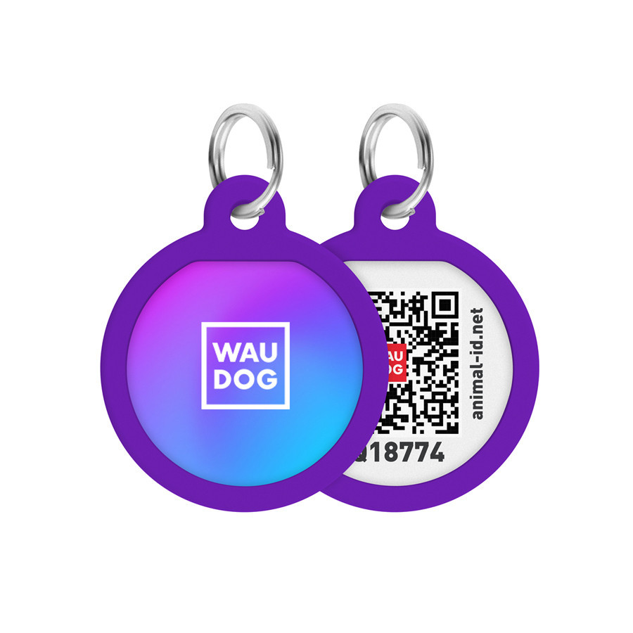 Адресник для собак і котів металевий WAUDOG Smart ID з QR паспортом, малюнок "Градієнт фіолетовий", коло, Д 25 мм Київ - фото 1