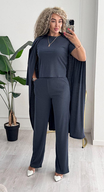 Жіночий базовий прогулянковий костюм-трійка: кардиган футболка та штани трикотажний рубчик Графіт, 50/52 Одеса - фото 9