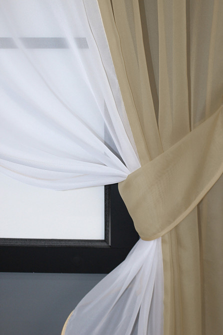 Кухонні штори VR-Textil № 017к комбіновані з підв'язками темно-бежевий з білим 265х170 см (50-658) Київ - фото 3